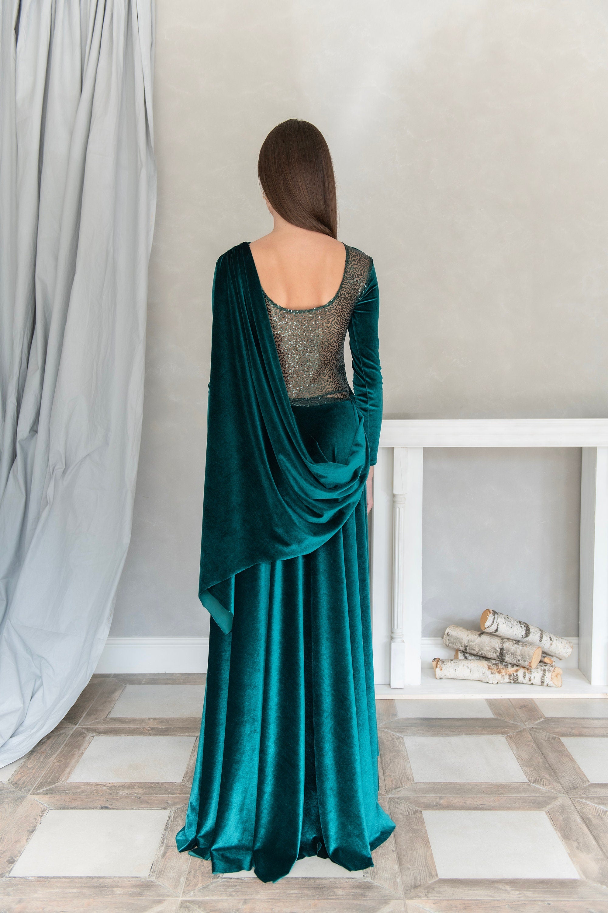Velvet Round Neck Formal A-Line Dress with Back Drape Detail Emerald Wedding Dress Evening Dress Elegant Tie Dress Full Length Gown Long Sleeves Prom Dress